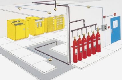 A drawing of a fire system with red cylinders.